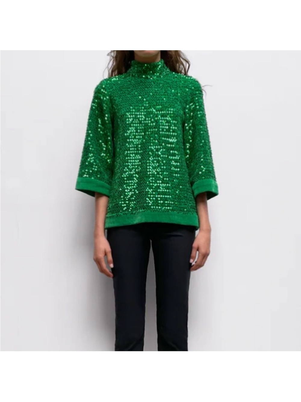 Zara Emerald Green Sequin Mock-Neck Top